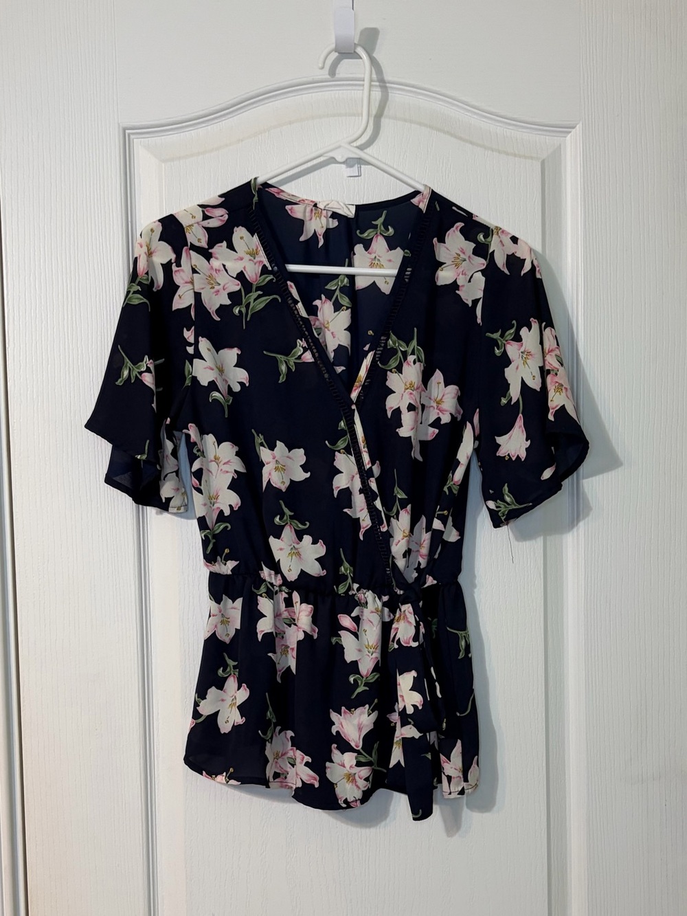 Sienna Sky Navy Floral Wrap Top with Pink Lilies
